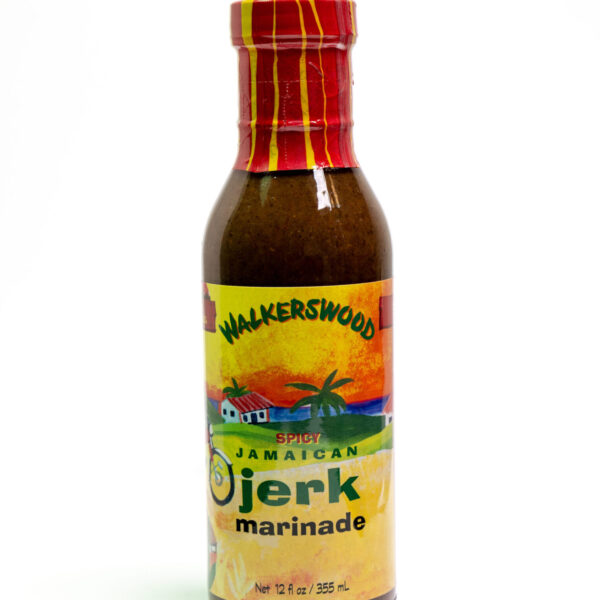 A bottle of Walkerswood Jerk Marinade on a white background.