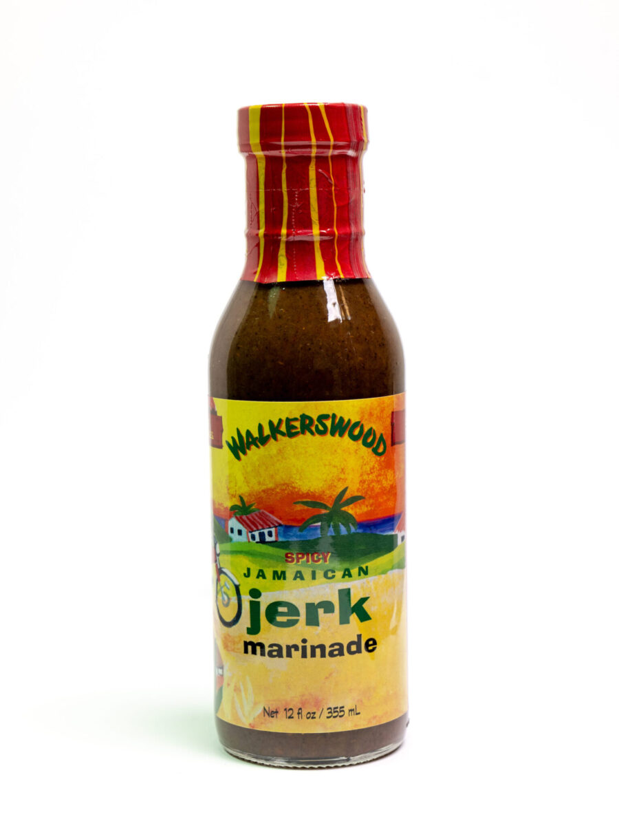 A bottle of Walkerswood Jerk Marinade on a white background.