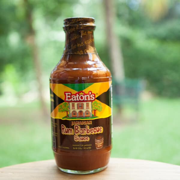 A bottle of eaton's bbq sauce sitting on a table.